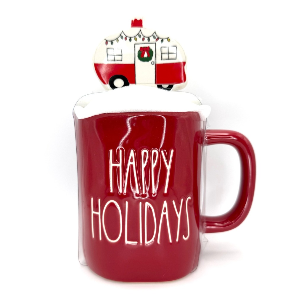 Rae Dunn Happy Holidays Red Mug with Christmas Camper Topper Artisan Collection